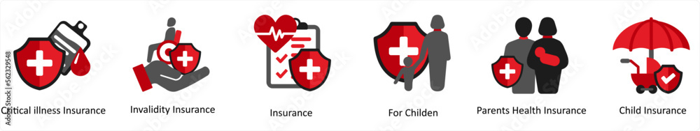 A set of 6 medical icons as critical illness insurance, invalidity insurance, insurance A set of 6 medical icons as critical illness insurance, invalidity insurance, insurance
