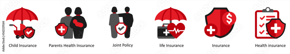 Fototapeta premium A set of 6 medical icons as child insurance, parents health insurance, joint policy