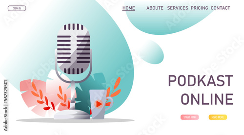 Smartphone with woman recording podcast and microphone. Streaming, blogging, podcasting, radio broadcasting, podcast app concept. Vector illustration for website, poster, banner, advertising.