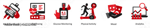 A set of 6 medical icons as blood transfusion, ecg tracing, glusose monitoring