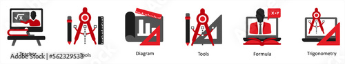 A set of 6 education icons as teacher, tools, diagram