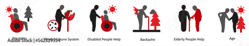 A set of 6 medical icons as disability, week immune system, disabled people help