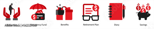 A set of 6 medical icons as retirement, emergency fund, benefits