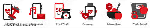 A set of 6 medical icons as fitness, training app, smart weight