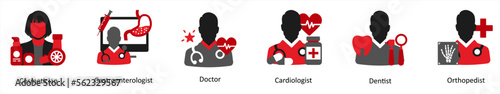 A set of 6 medical icons as cosmetician, gastroenterologist, doctor