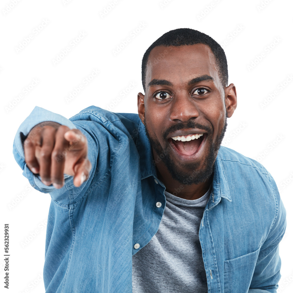 Black man, pointing and studio portrait with smile, excited and