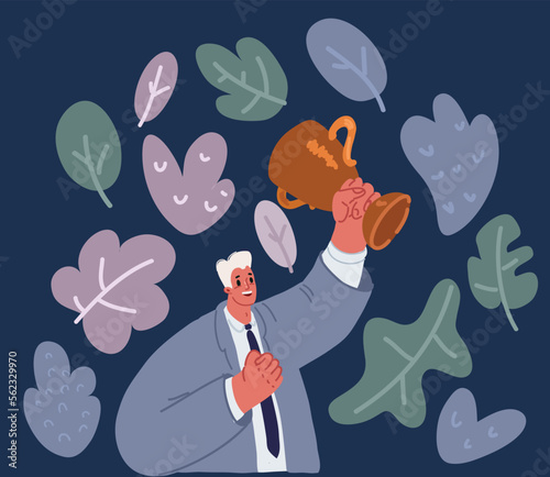 Vector cartoon illustration of Happy Competition concept with winner, man holding up a prize gold trophy and celebrating success