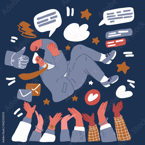 Vector cartoon illustration of young happy business man thrown into the air by his friend to celebrate his successive business. Job promotion concept