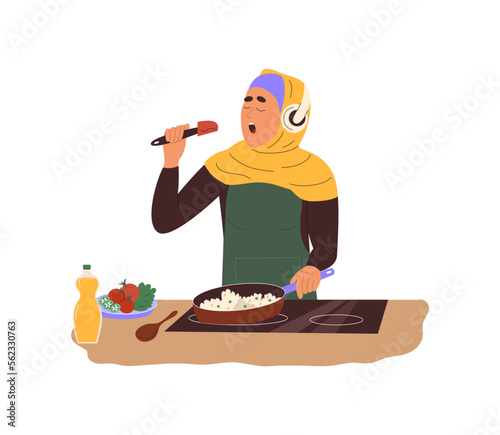 Young muslim woman wearing hijab and headphones, singing in spatula while cooking dinner at home. Arab girl having fun in kitchen. Flat vector illustration isolated on white background