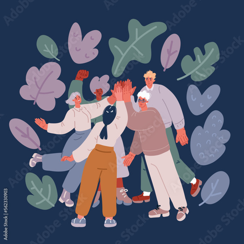Vector cartoon illustration of team hands giving a high five for great work. Friendship symbol of great work achievement. People team give hand slapping