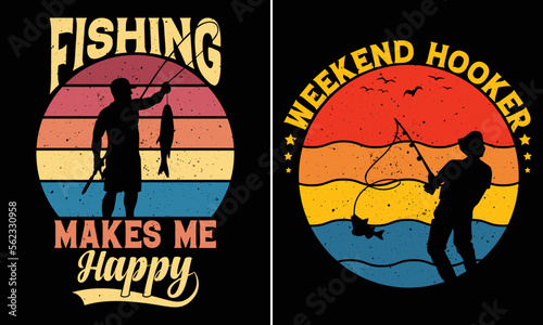 Fishing Makes Me Happy, Weekend Hooker, Fishing Retro Vintage Sunset T-shirt Design