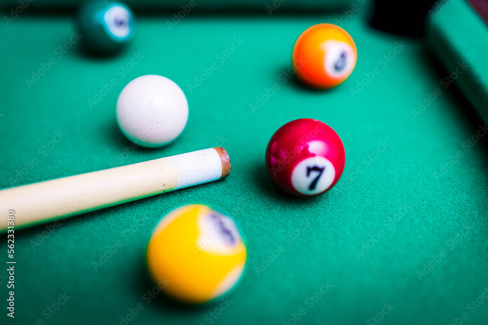 Billiard snooker balls composition on the green pool table. Gambling game of Billiards. Billiard snooker balls composition on the green pool table. Gambling game of Billiards.