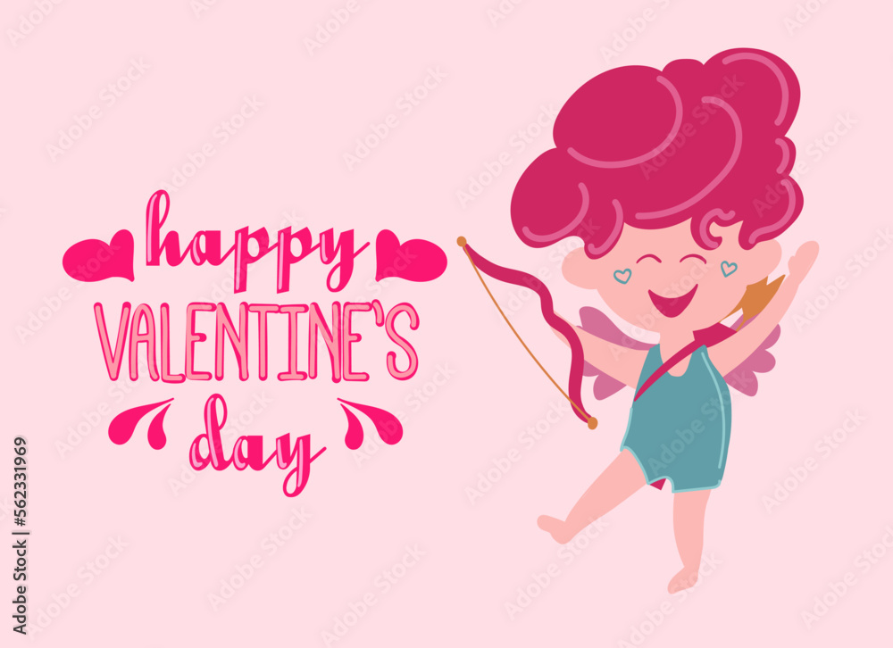 Happy Valentine s Day poster with angel cupid, hearts, and confetti. Festive background for February 14 with hand lettering. Vector design for postcards, advertising material, websites. Happy Valentine s Day poster with angel cupid, hearts, and confetti. Festive background for February 14 with hand lettering. Vector design for postcards, advertising material, websites.