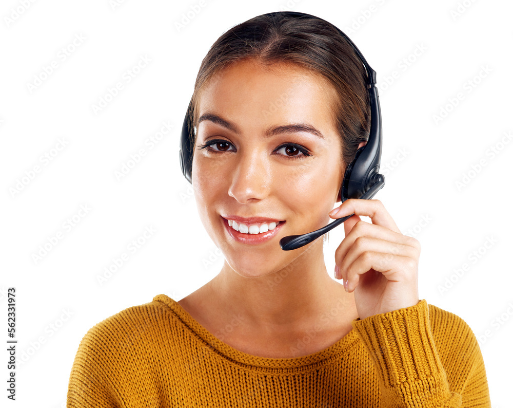 Call center, contact us and face of woman isolated with smile and communication on white background. Telemarketing, crm and girl in portrait at help desk for customer service phone call in studio. Call center, contact us and face of woman isolated with smile and communication on white background. Telemarketing, crm and girl in portrait at help desk for customer service phone call in studio.