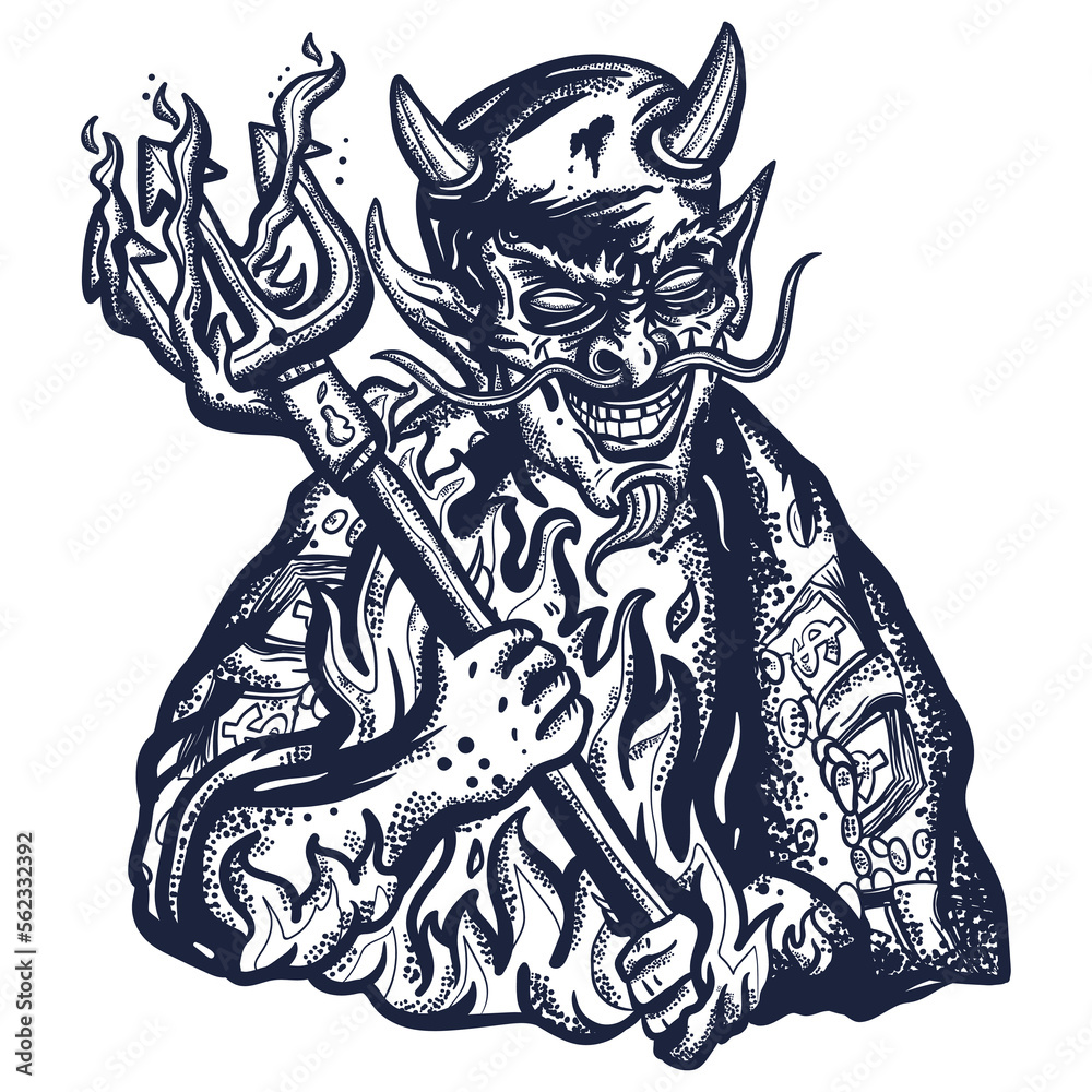 Vetor de Evil devil. Terrible satan with pitchforks. Symbol of villainy