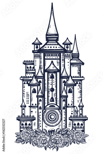 Medieval castle. Middle Ages gothic tower. Fairy tale concept. Old school tattoo vector art. Hand drawn graphic. Isolated on white. Traditional flash tattooing style