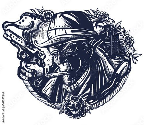 Noir detective. Portrait police inspector and night city. Old school tattoo vector art. Hand drawn graphic. Isolated on white. Traditional flash tattooing