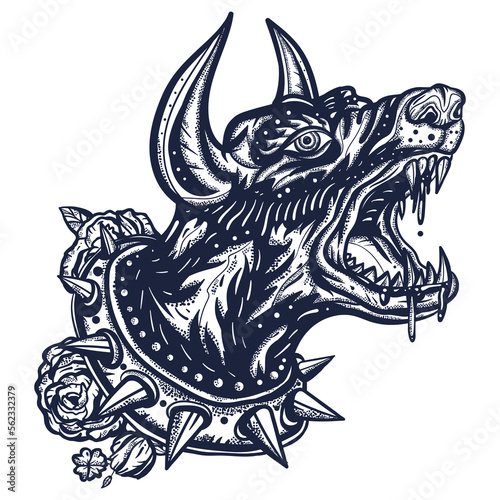 Dog. Evil doberman. Old school tattoo vector art. Cartoon animals character. Hip-hop and gangsta lifestyle. Criminal street culture elements. Ghetto underground concept. Hand drawn graphic