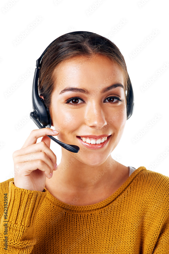 Telemarketing, crm and portrait of woman with white background with smile, isolated with communication. Call center, customer support and girl in headset at help desk for customer service in studio. Telemarketing, crm and portrait of woman with white background with smile, isolated with communication. Call center, customer support and girl in headset at help desk for customer service in studio.
