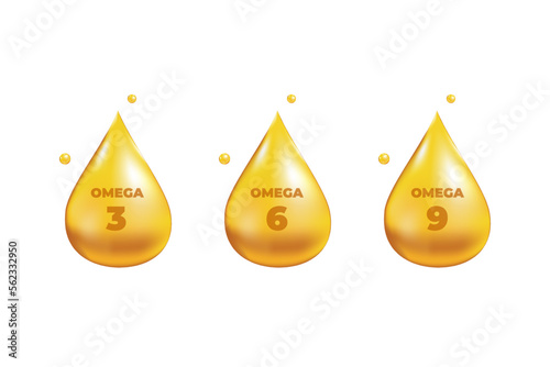 Omega 3, 6, 9 acids drops gold icon. Polyunsaturated fatty. Nutrition skin care design and Beauty treatment. Vector illustration.