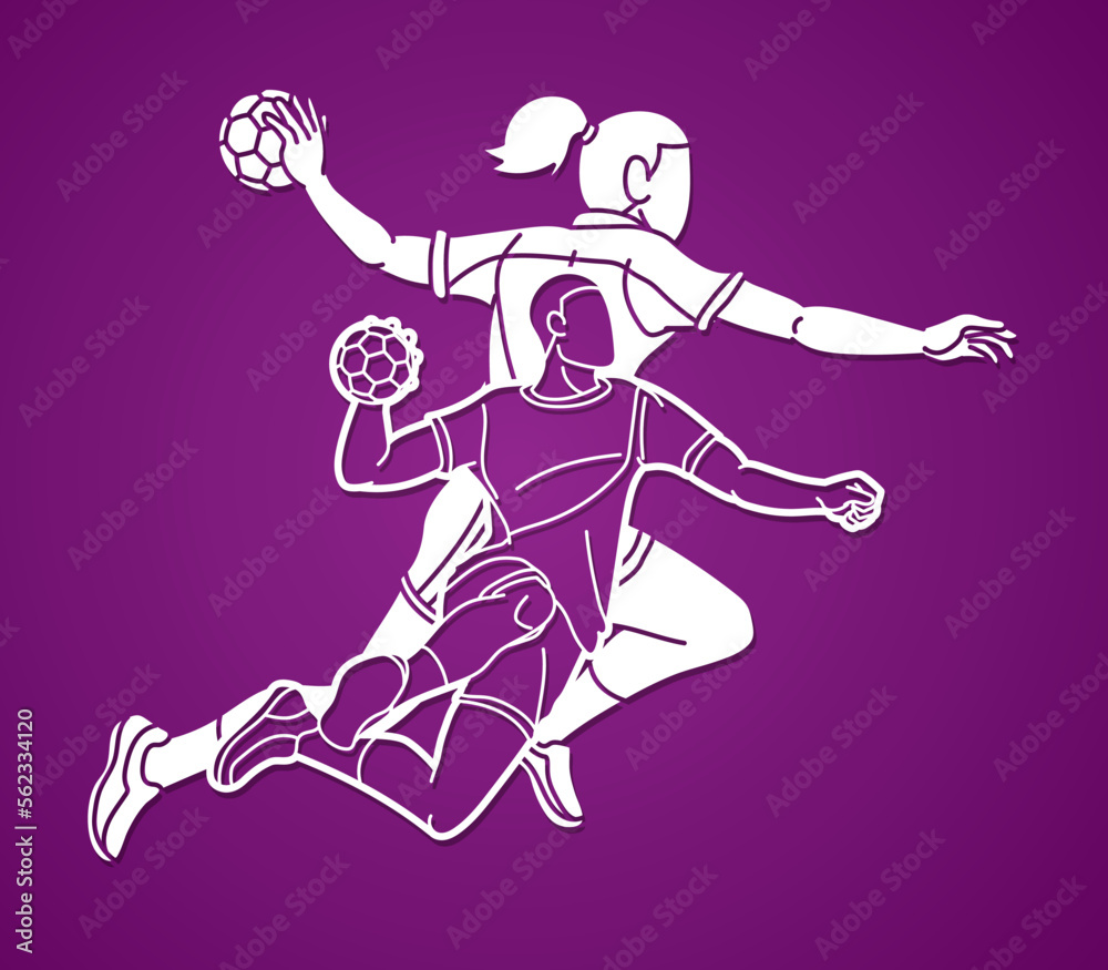 Handball Sport Male and Female Players Team Mix Action Cartoon Graphic Vector