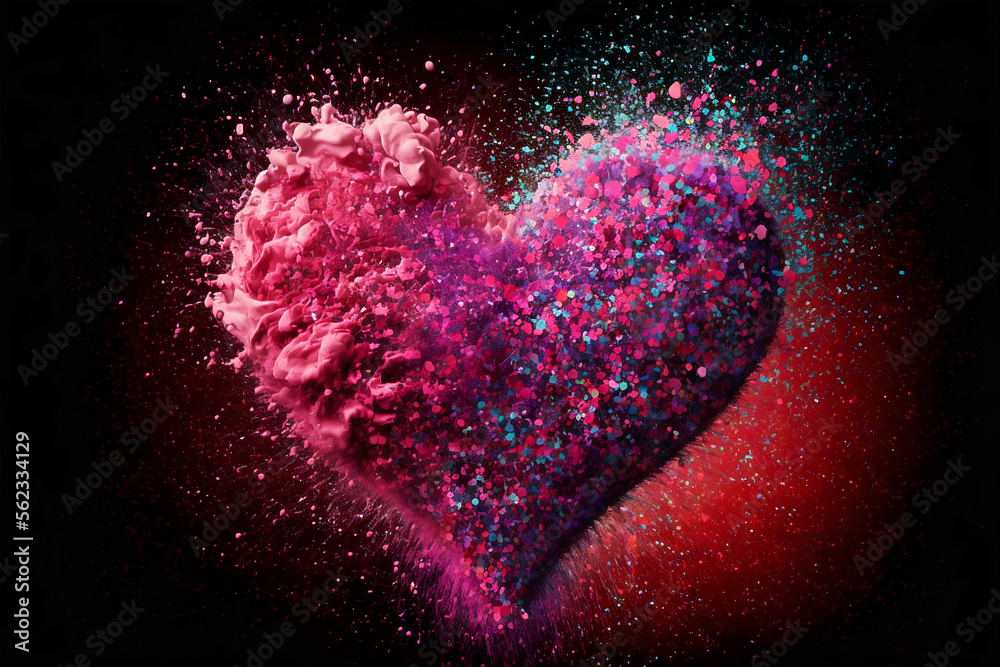 Pink heart with small colorful particles. Valentine's Day, love. Colors explosion. Postcard, greeting card design. Generative AI.