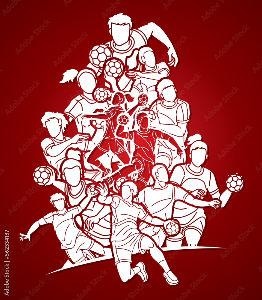 Handball Sport Male and Female Players Team Mix Action Cartoon Graphic Vector