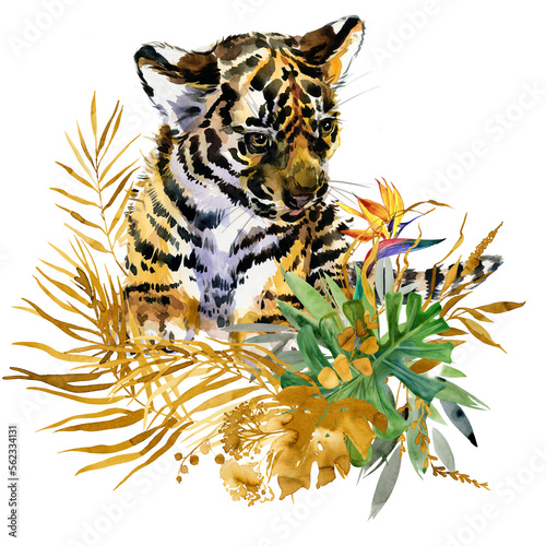 Canvas Print Tiger cub watercolor illustration. Jungle wild animal