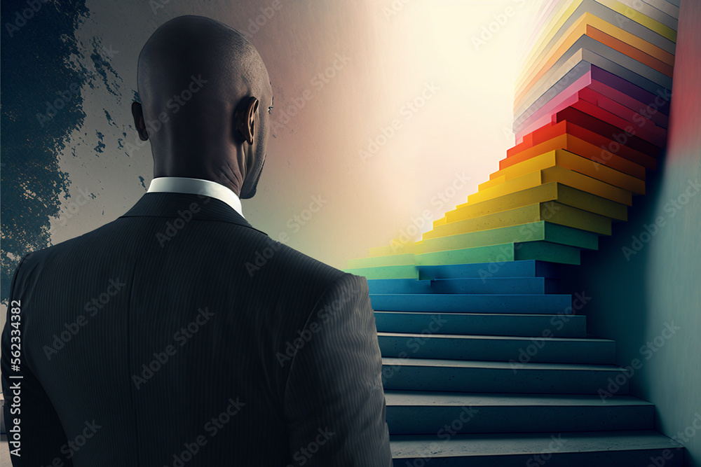 man going up the rainbow colored stairs, front view. Generative AI