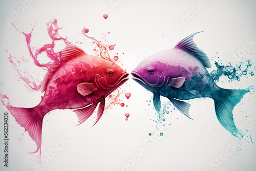 Two fishes are kissing. Beautiful watercolor effect. Valentine's Day, love. Couple, relationship. Postcard, greeting card design. Generative AI. photo