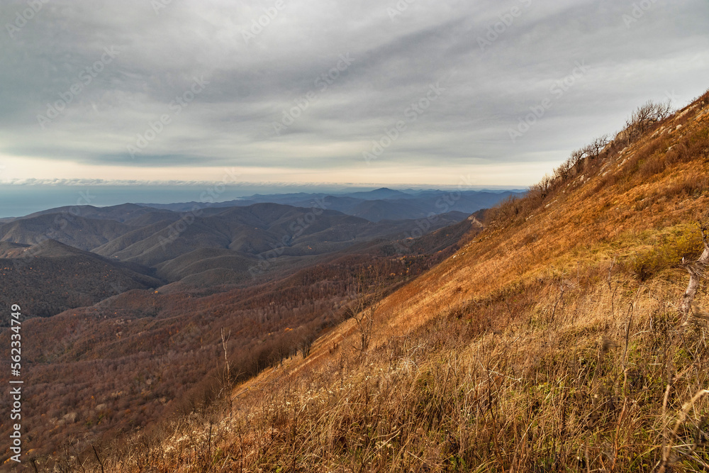 Stunning view from the rocky peak of Mount Peus on a sunny day. Picturesque view of the mountain peaks of the Caucasus on a sunny day. View from a height of 1000 m to the peaks of the Caucasus. 