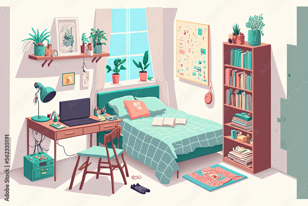 Interior of a girl's bedroom set, isolated on a white background. Teenage  bedroom cartoon furnishings include an unmade bed, a desk and computer, a  bookcase, photographs, and a nightstand. Generative Stock Illustration