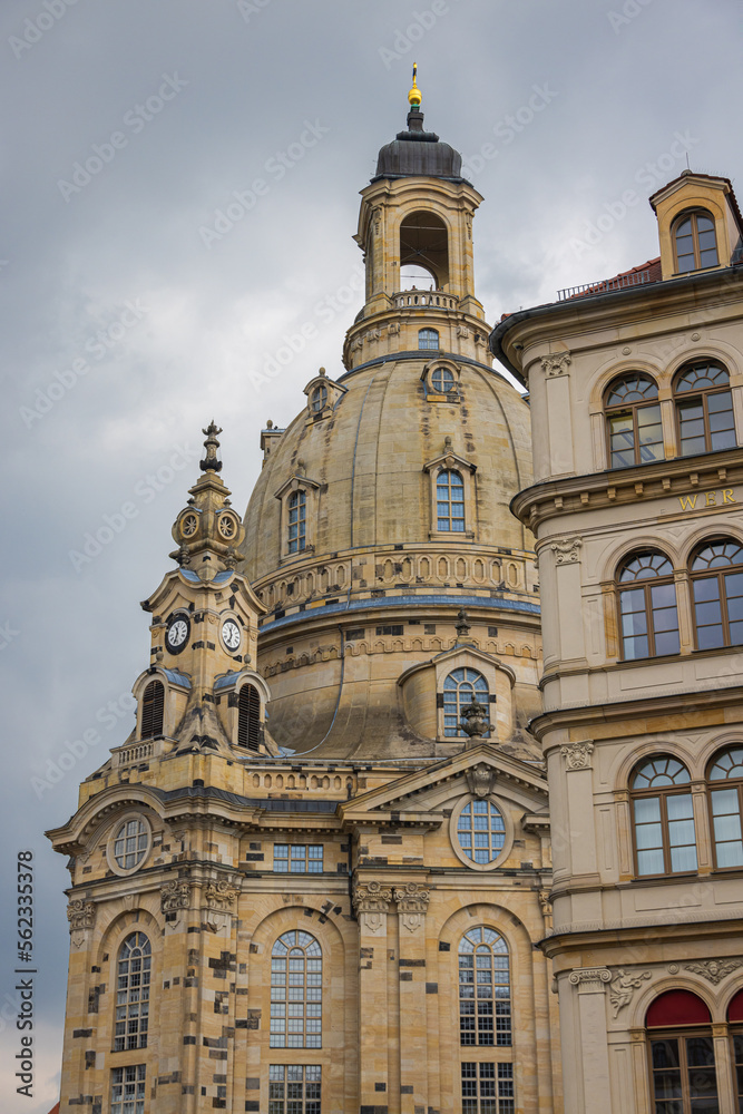 Dresden, Germany - June 28, 2022: The Church of Our Lady or Frauenkirche, Lutheran church in Dresden. Often called a cathedral, but it is not the seat of a bishop. One of the largest domes in europe.