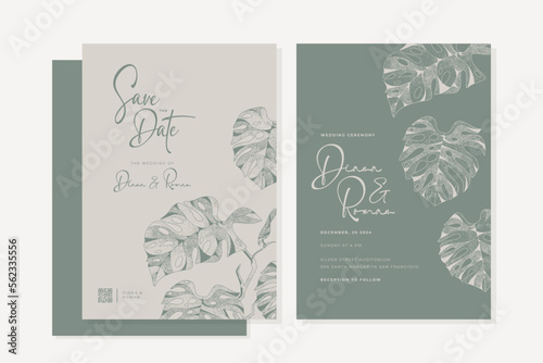 beautiful aesthetic wedding invitation with monstera leaves template design