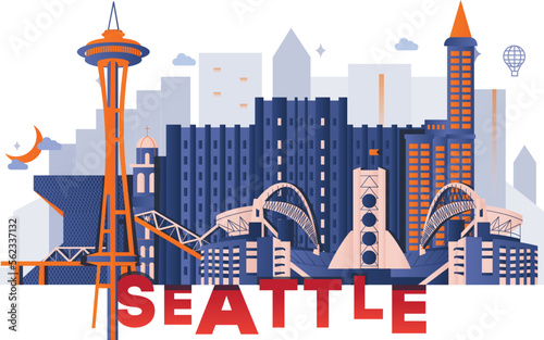 Seattle culture travel set, American famous architectures, USA in flat design. Business travel and tourism concept clipart. Image for presentation, banner, website, advert, flyer, roadmap, icons
