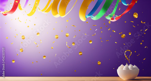 Celebration background with full with balloons with rainbow colors and party streamers. Christmas, Birthday party or wedding concept use it as greeting card or setup room. generative ai