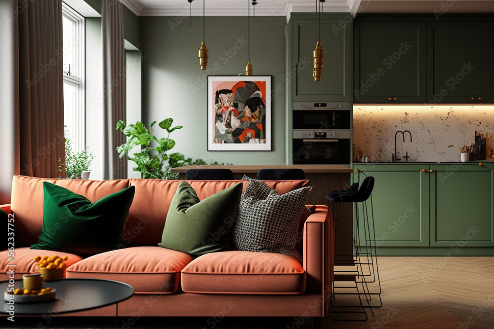 Warm color scheme of the living room with green sofa in back of kitchen ...