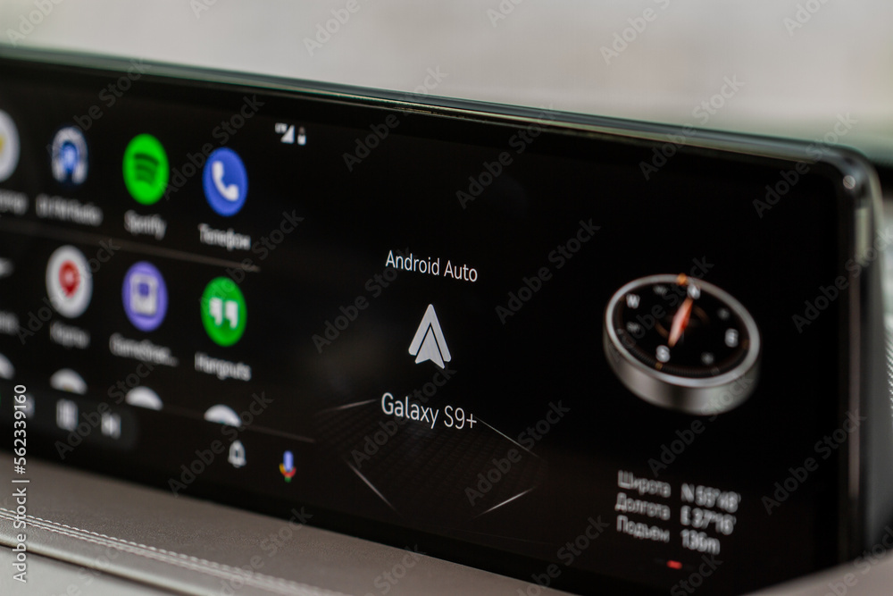 MOSCOW, RUSSIA - DECEMBER 04, 2021 Android Auto on the screen ...