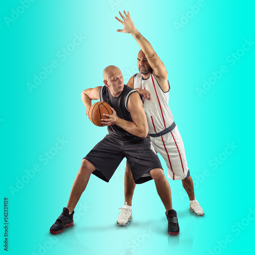 Basketball players on Sports background, collage of different professional athletes on gradient multicolored neon background.