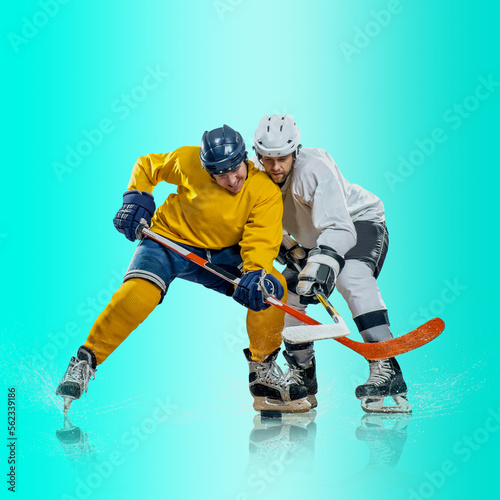 Photography Professional ice hockey player hitting puck for winning goal in action on gradient multicolored neon background
