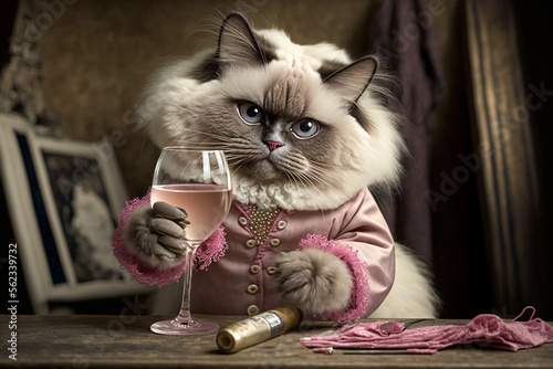 Wallpaper Mural lavishly dressed persian cat savoring a glass of rose wine, funny party animals, generative AI Torontodigital.ca