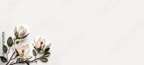 simple elegant banner of magnolia flowers on a white background  invitation card template  Generative AI 