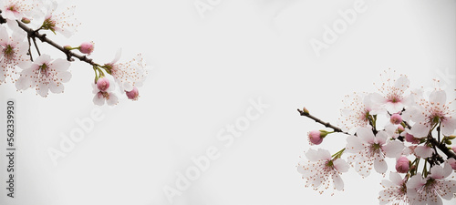 simple elegant banner of sakura cherry blossom flowers on a white background, invitation card template, Generative AI