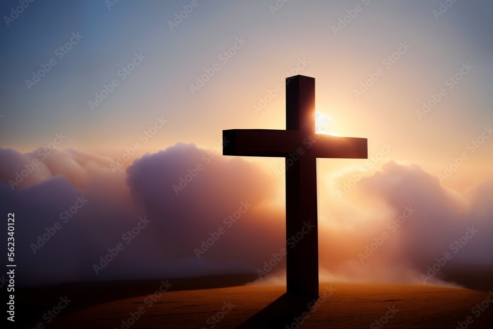 Wooden cross stands in the field, rays of sunlight, deep fog. Symbol of Christianity. Generative AI