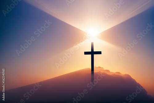 Cross in the sky, rays of sunlight, deep fog. Symbol of Christianity. Generative AI