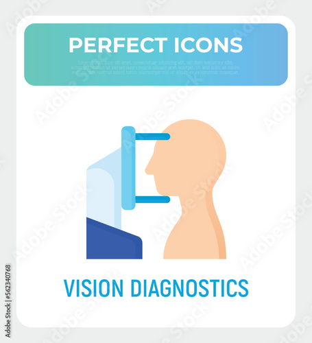 Vision diagnostics: human looking at ophthalmic refractometer. Flat icon. Modern vector illustration for ophthalmology.