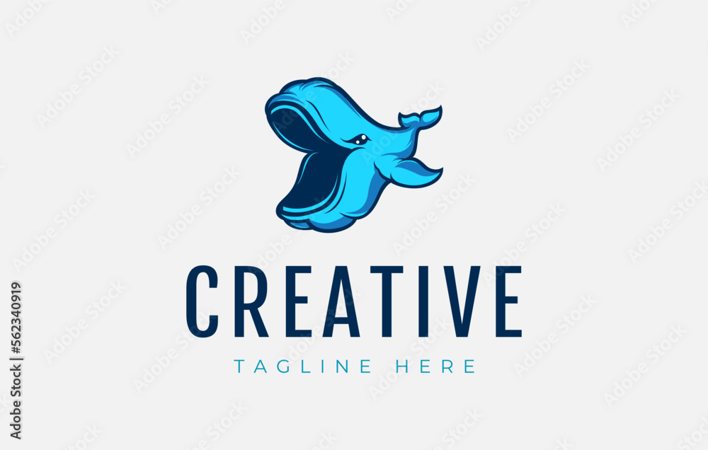 Obraz premium Cute Blue Whale Mascot Logo Design. Wild Blue Whale Vector Illustration.