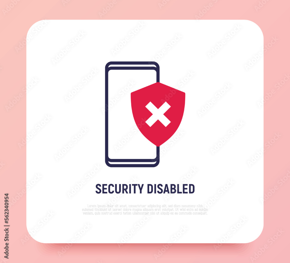 Security disabled thin line icon. Smartphone with shield with cross mark. Vector illustration. Security disabled thin line icon. Smartphone with shield with cross mark. Vector illustration.