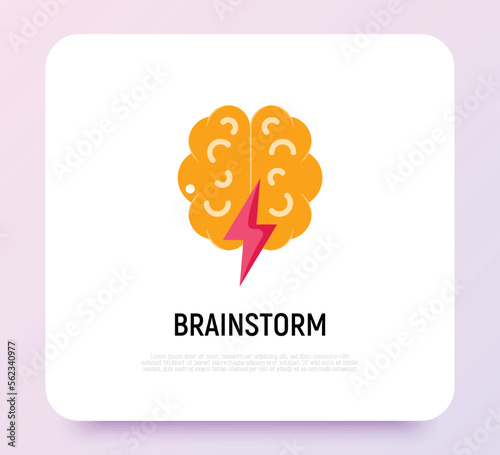 Brainstorm flat icon: brain with flash. Creativity, inspiration, imagination. Modern vector illustration.