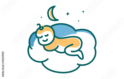 Baby Sleeping Logo Design. Baby Resting On a Cloud Bed Line Art Vector Illustration.